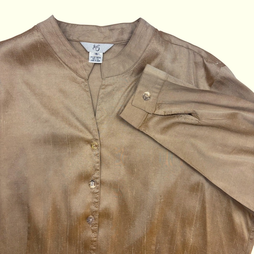 iOS Women XL Gold Raw Silk Button Up Tunic Blouse Mandarin Collar Long Sleeve